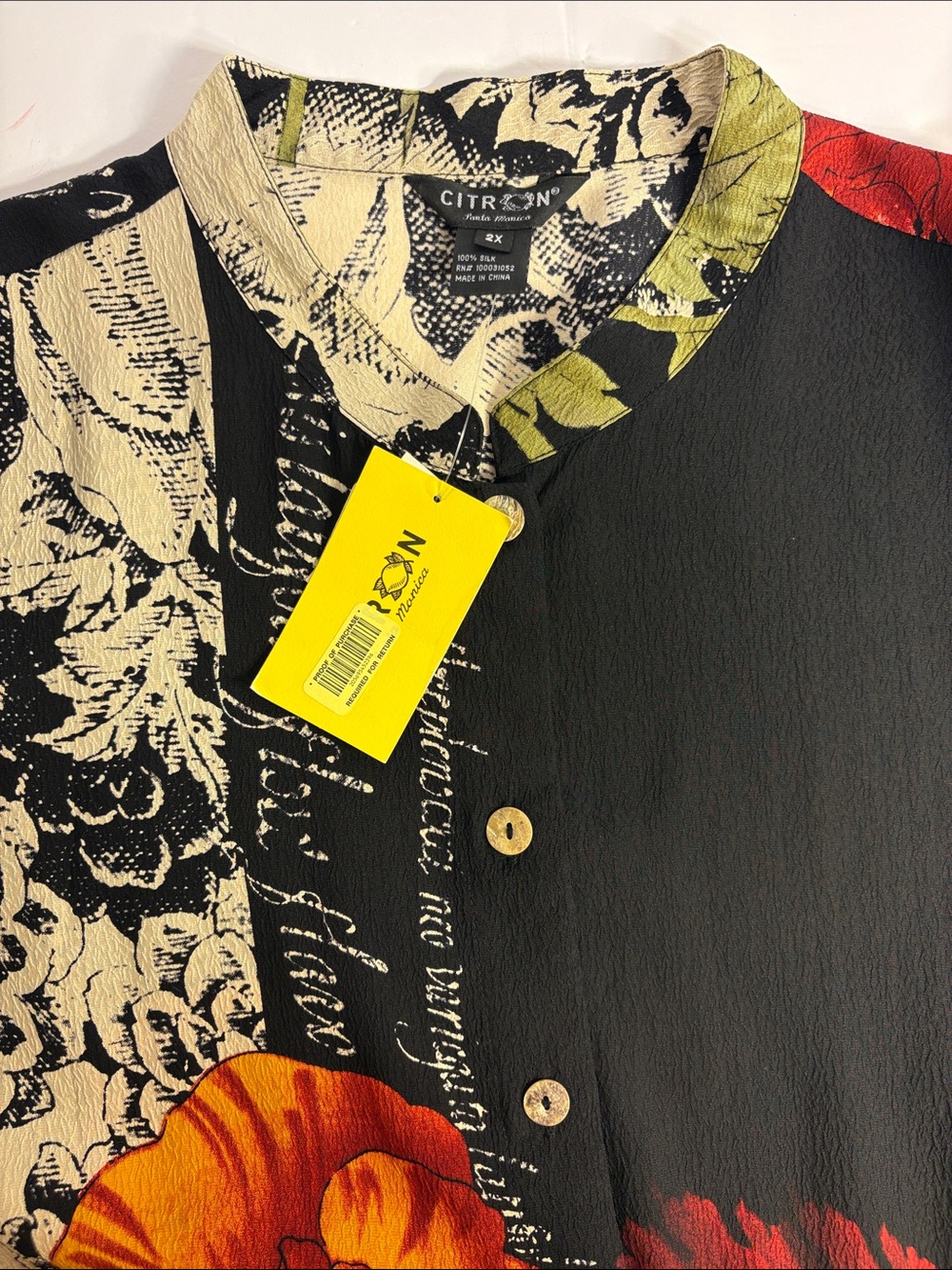 *New* Citron 100% Silk Vintage Black Button-Front Poppy Floral Shirt Tunic - Picture 14 of 16